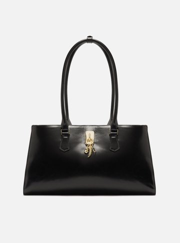 Bolsa Tote Preta Couro Grande Metal Charms