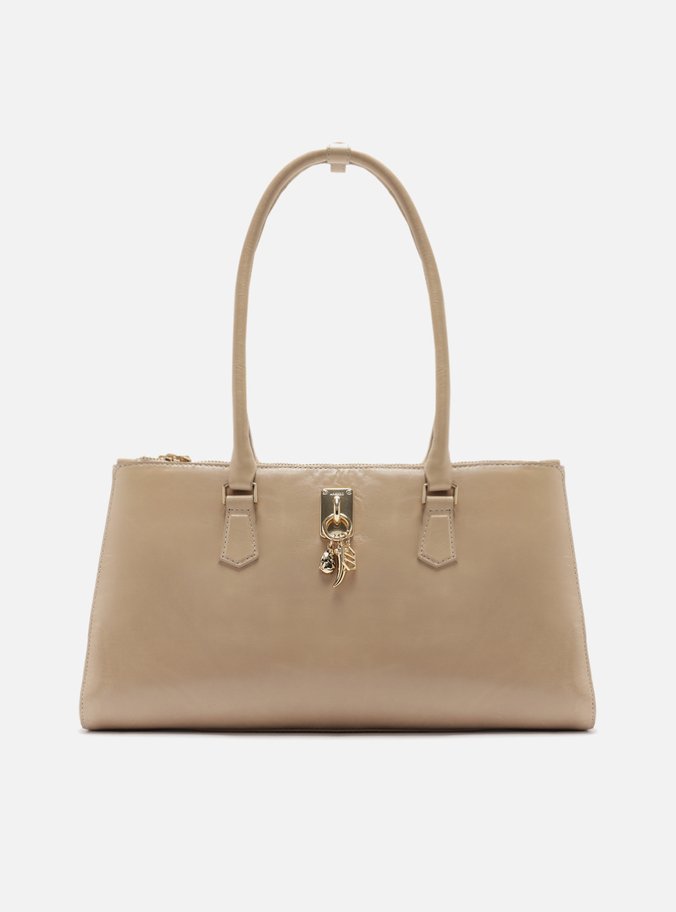 Bolsa Tote Bege Couro Grande Metal Charms