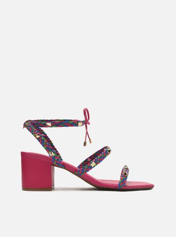 Sandália Rosa Salto Bloco Trançada Spikes