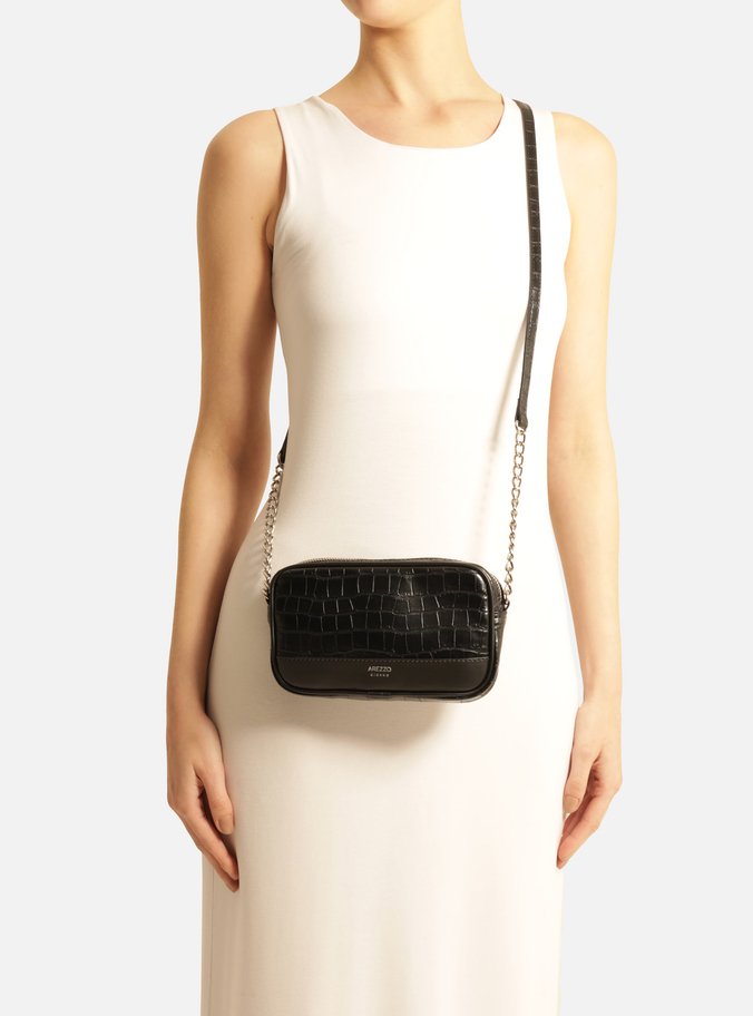 Bolsa Tiracolo Preta Croco Clara Pequena