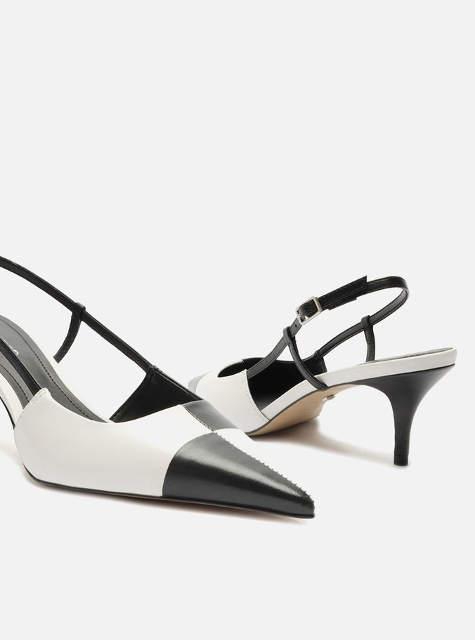 Scarpin Preto Couro Bico Fino Slingback Bicolor