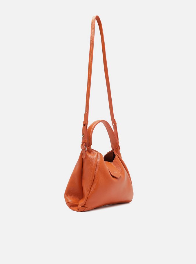 Bolsa Hobo Laranja Couro Média Lapela