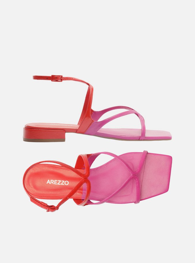Sandália Rasteira Vermelha Couro Rosa Tiras