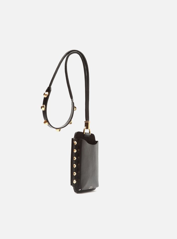 Bolsa Tiracolo Porta Celular Couro Preto Tachas