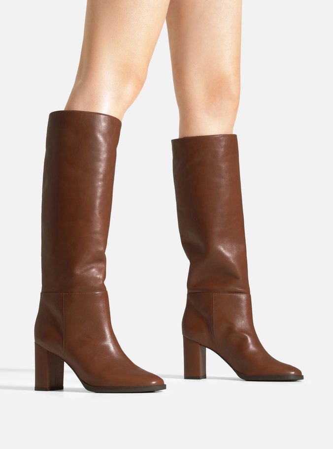 Bota Marrom Couro Cano Longo Salto Médio Bloco