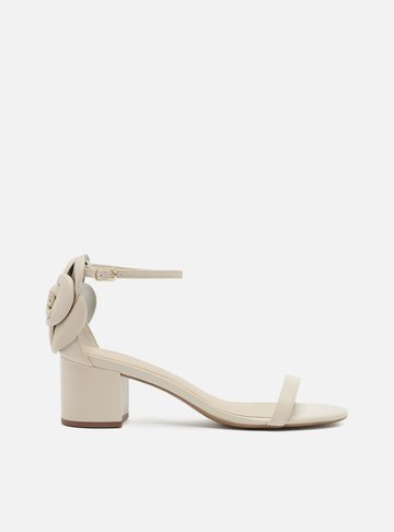 Sandália Branca Couro Salto Bloco Maxi Flor