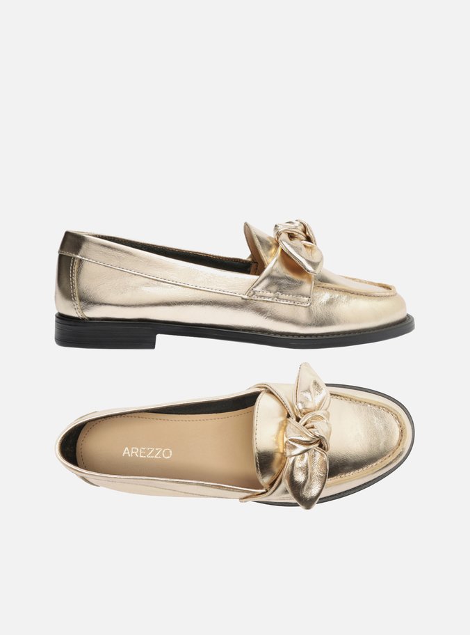 Mocassim Dourado Couro Bico Redondo Tiras Nó