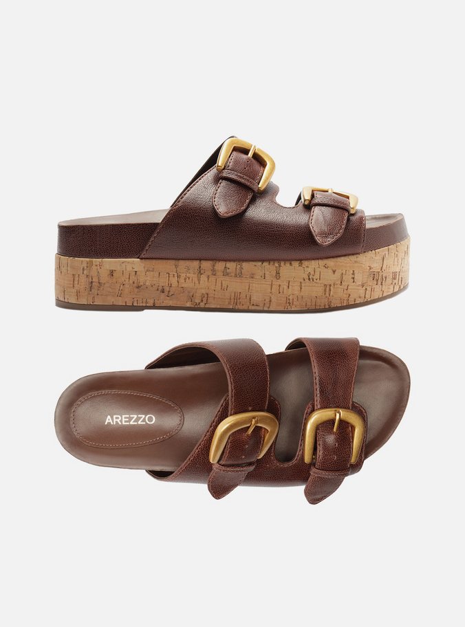 Sandália Marrom Dark Couro Flatform Cortiça Fivelas