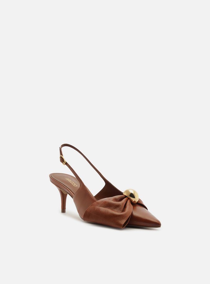 Scarpin Marrom Couro Slingback Laço Metal
