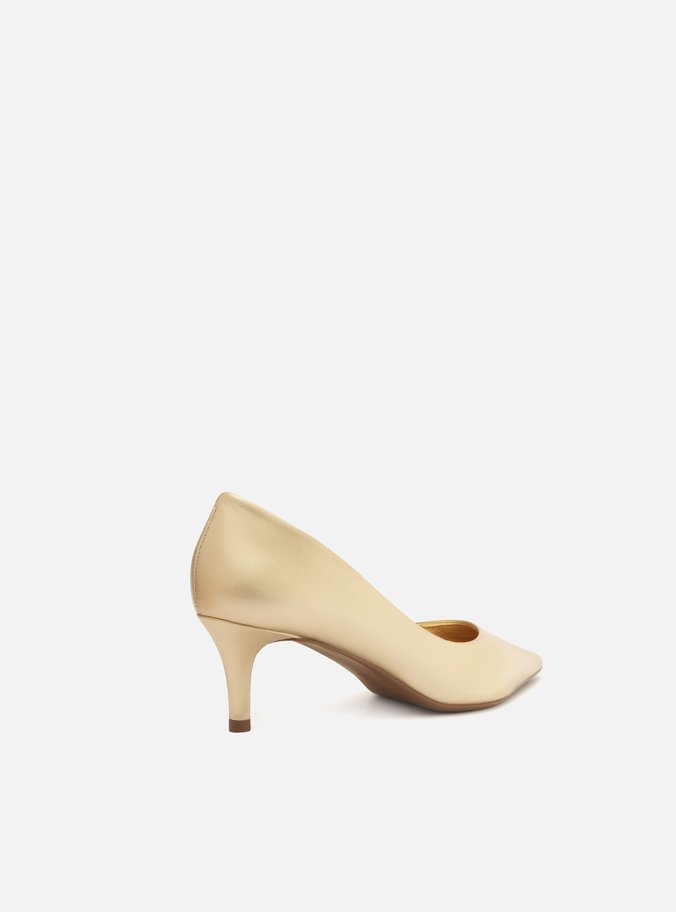 Scarpin Dourado Couro Salto Baixo Fino