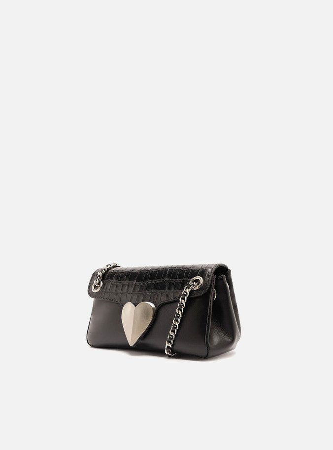 Bolsa Tiracolo Preta Couro Pequena Coração Metal