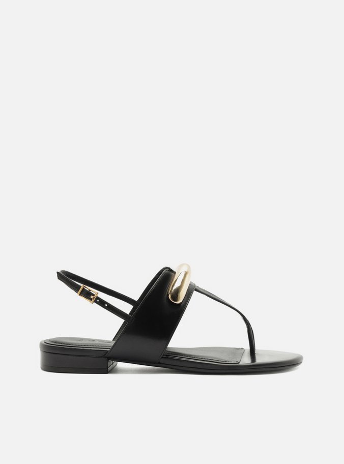 Sandália Rasteira Preta Couro Metal