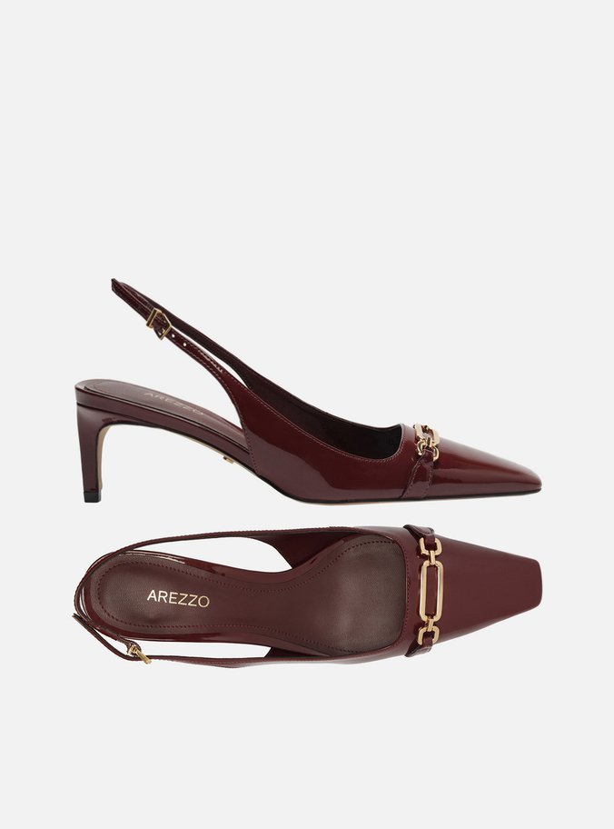 Scarpin Vinho Verniz Salto Baixo Slingback Metal
