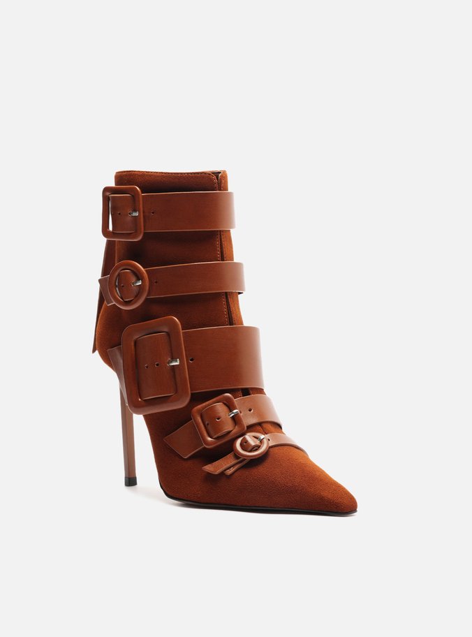 Bota Marrom Nobuck Salto Alto Fivelas