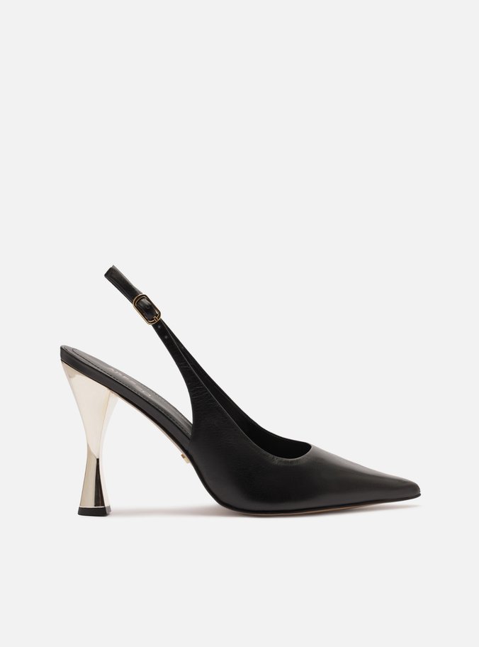 Scarpin Preto Couro Salto Alto Slingback