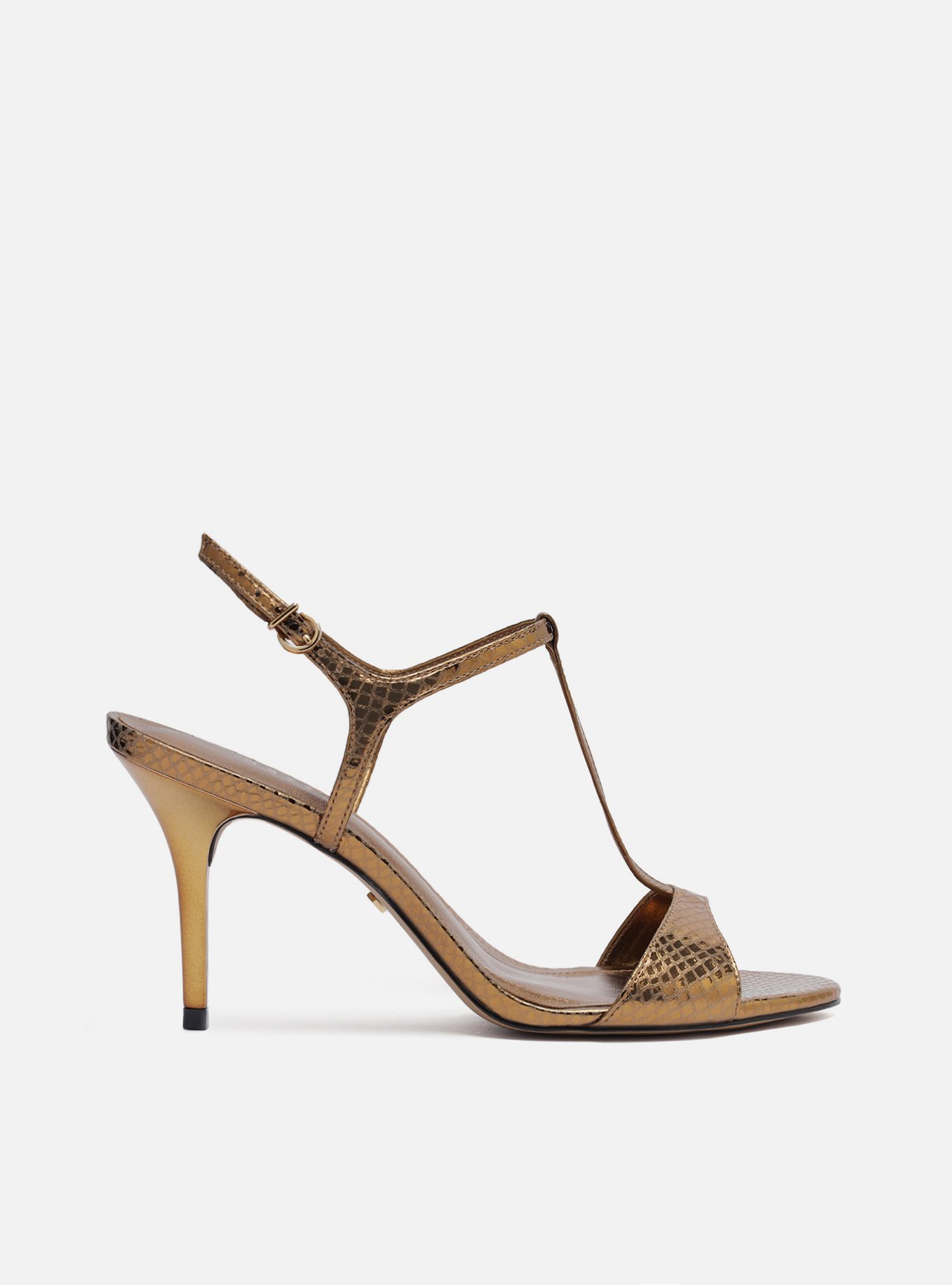 Sandália Bronze Snake Salto Fino Tira T — foto 1