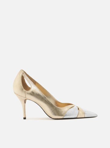 Scarpin Dourado Couro Salto Fino Vazado Bicolor