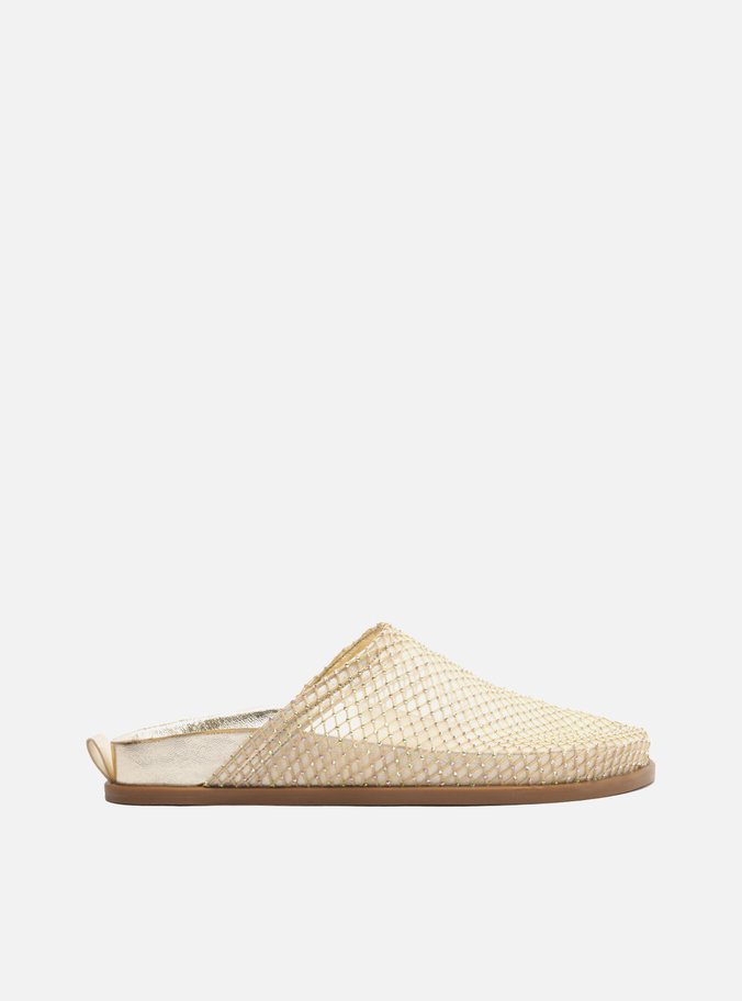 Mule Tela Natural Dourado Metalizado