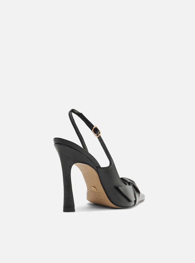 Mule Preto Couro Bico Fino Salto Alto