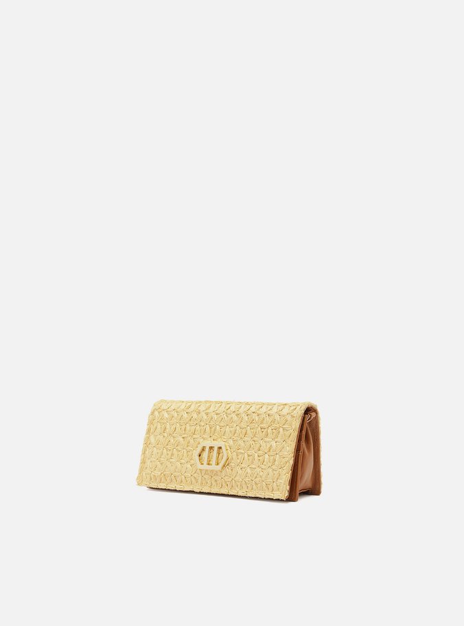 Clutch Bege Palha Pequena Trama Corrente