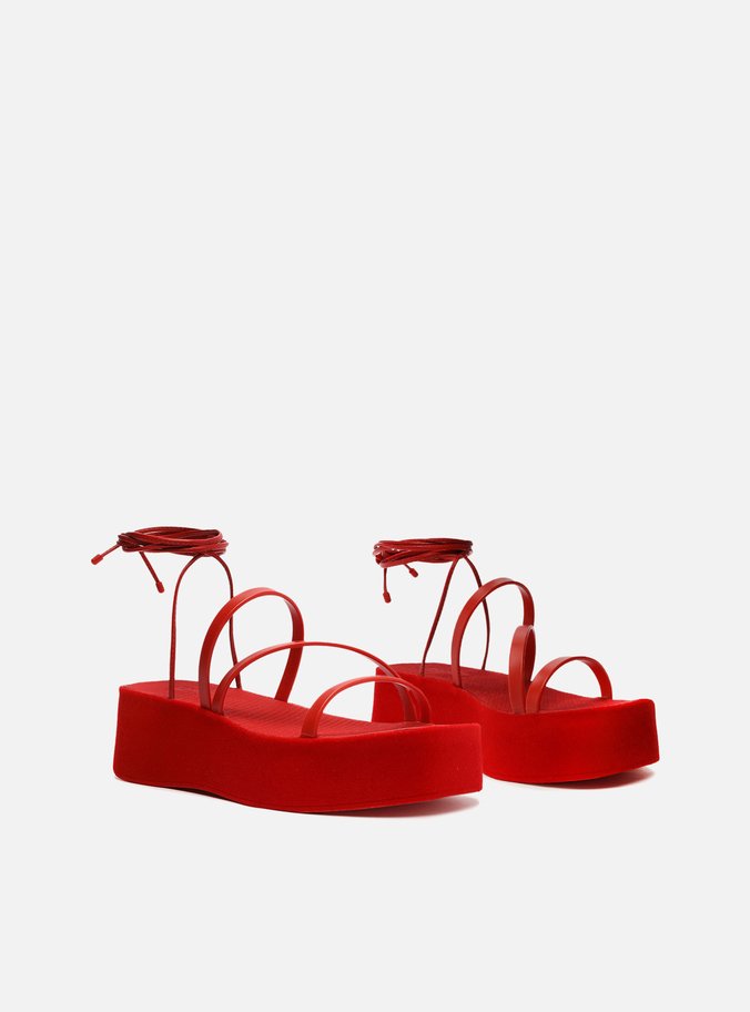 Sandália Vermelha Flatform Amarração Veludo Brizza