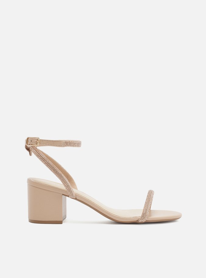 Sandália Nude Strass Salto Bloco Minimal