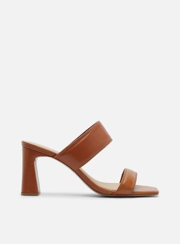 Sandália Marrom Couro Salto Flare Tiras Largas