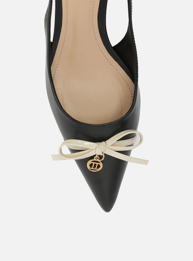 Scarpin Preto Couro Salto Baixo Slingback Laço