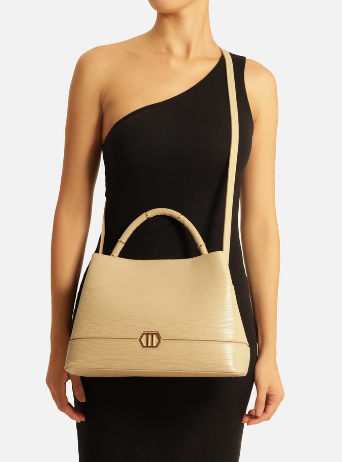 Bolsa Tote Bege Couro Grande Anéis