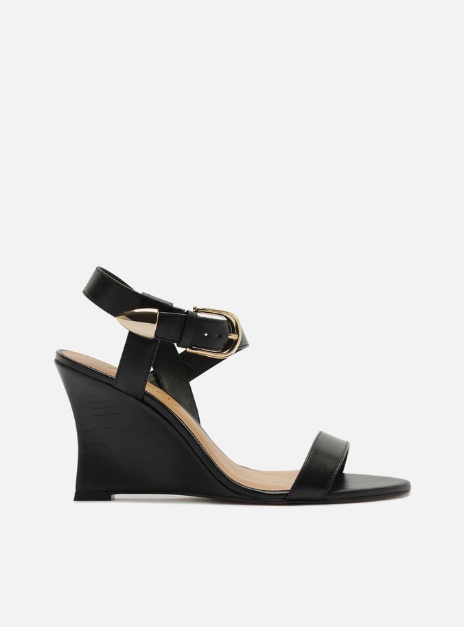 Sandália Preta Couro Anabela Tiras Fivela