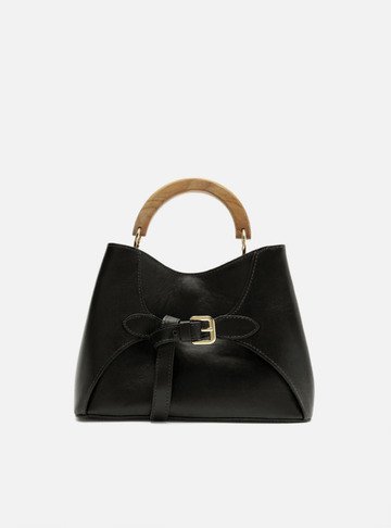 Arezzo — Bolsa Tote Preta Couro Média Alça Madeira