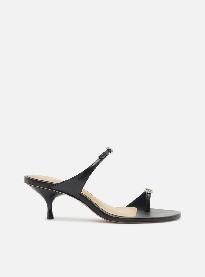 Sandália Preta Couro Salto Kitten Fivela Cristais