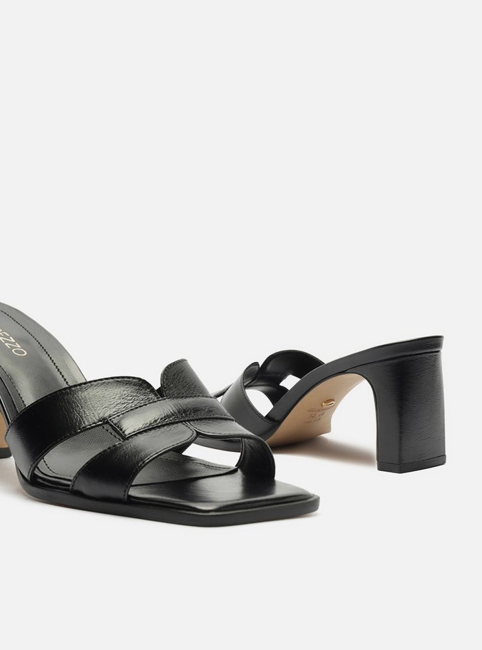 Mule Preto Couro Bloco Bico Quadrado