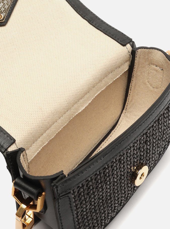 Bolsa Tiracolo Preta Couro Pequena Tramada Corrente