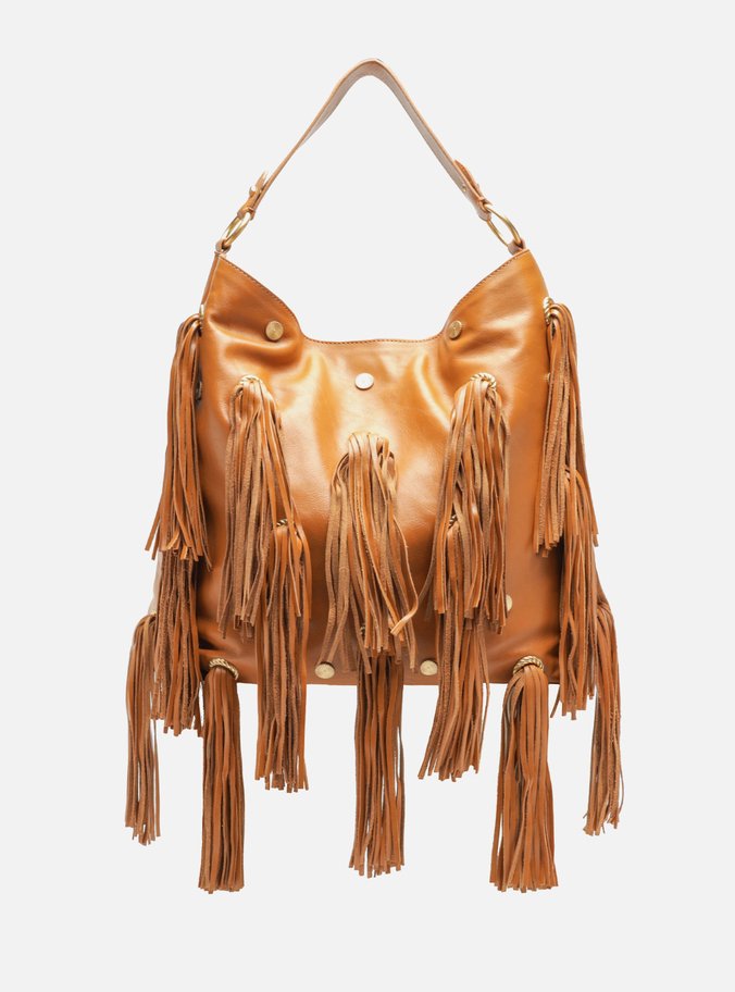 Bolsa Hobo Marrom Couro Grande Franjas Metais