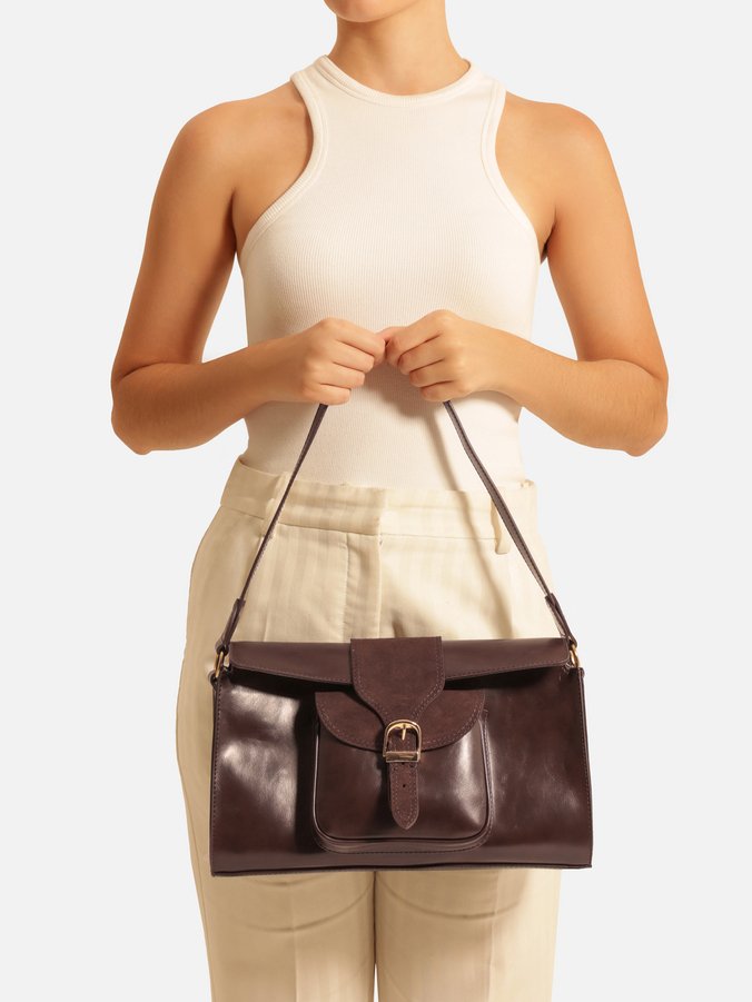 Bolsa Shoulder Marrom Média Bolso Camurça