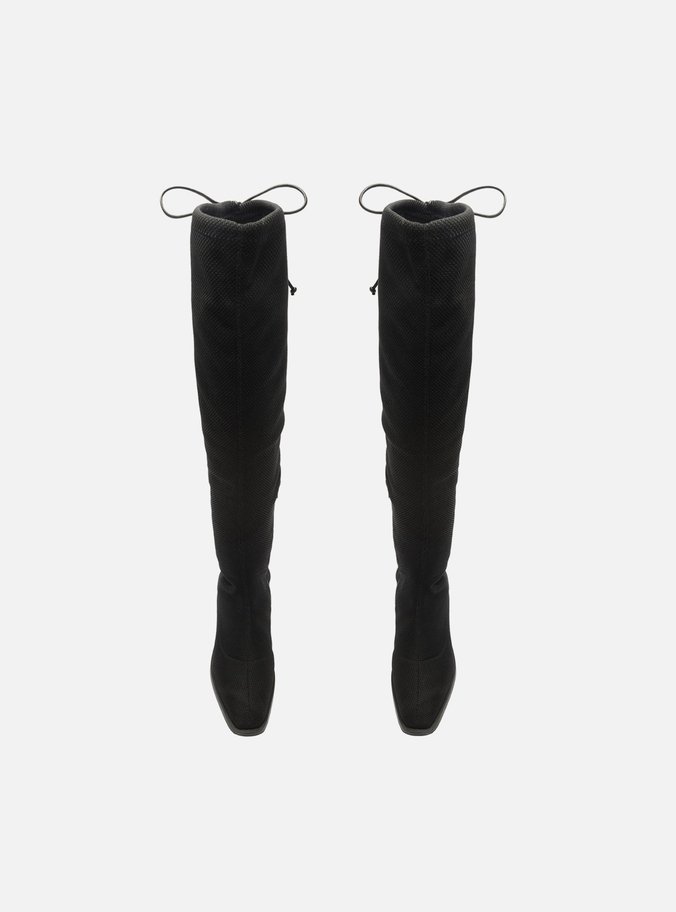 Bota Over The Knee Preta Tecido Salto Baixo