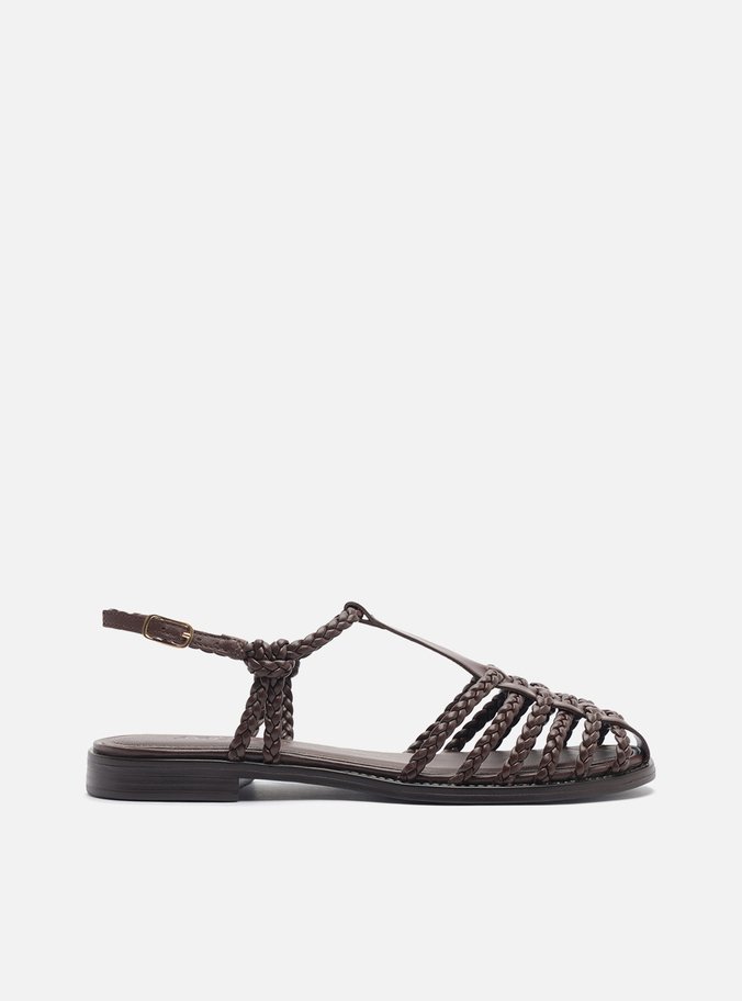 Sandália Rasteira Marrom Tiras Trançadas Fisherman