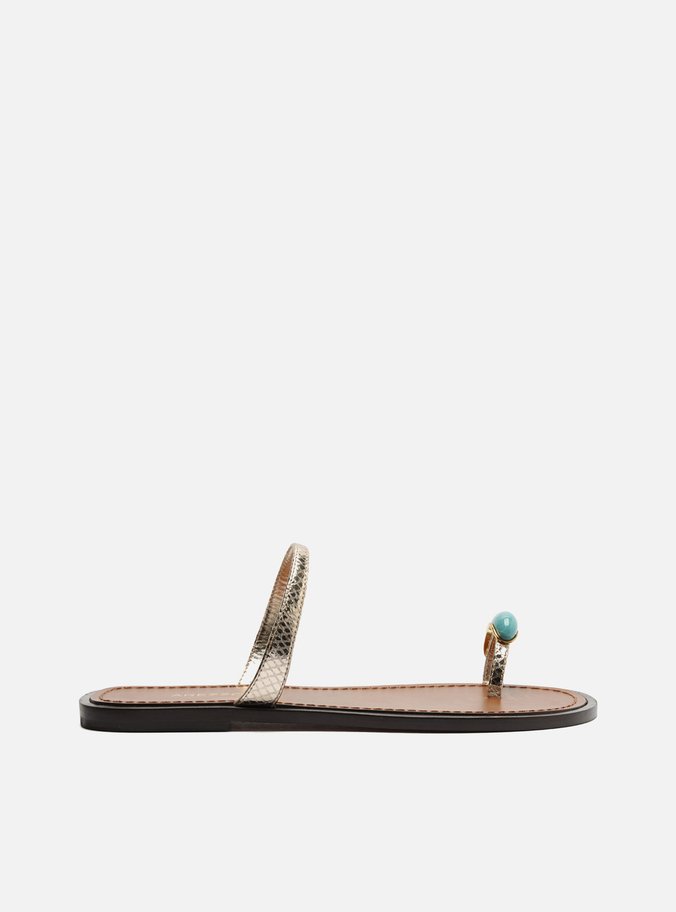Rasteira Dourada Couro Snake Flat Tiras Pedra
