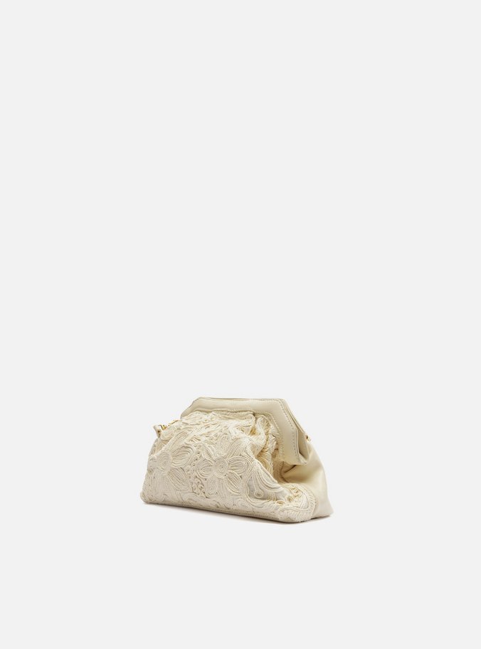 Clutch Off-White Linho Pequena Bordado Flores