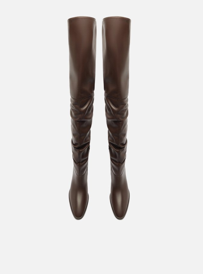 Bota Over The Knee Marrom Couro Salto Alto