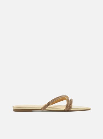 Rasteira Dourada Flat Bico Folha Tiras Strass