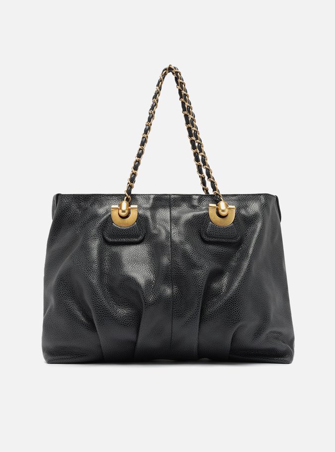 Bolsa Shopping Preta Couro Grande Franzida