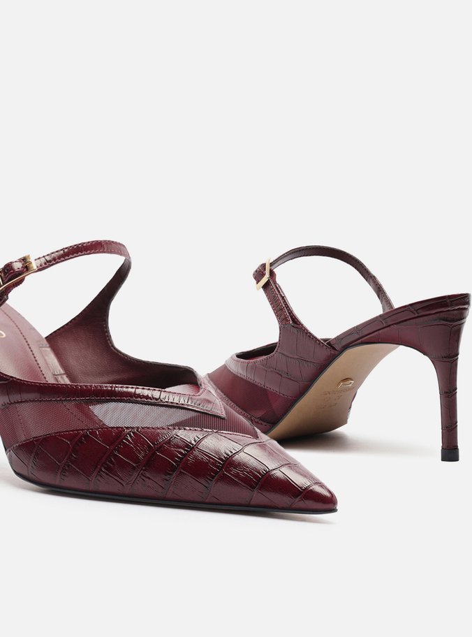 Mule Vermelha Croco Salto Médio Fino Tela
