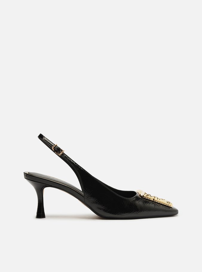 Scarpin Preto Slingback Salto Médio Verniz