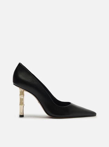 Scarpin Preto Couro Salto Bamboo Metal