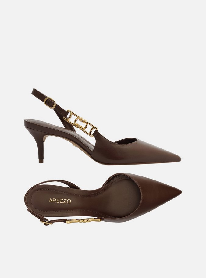 Scarpin Marrom Couro Bico Fino Detalhe Metal