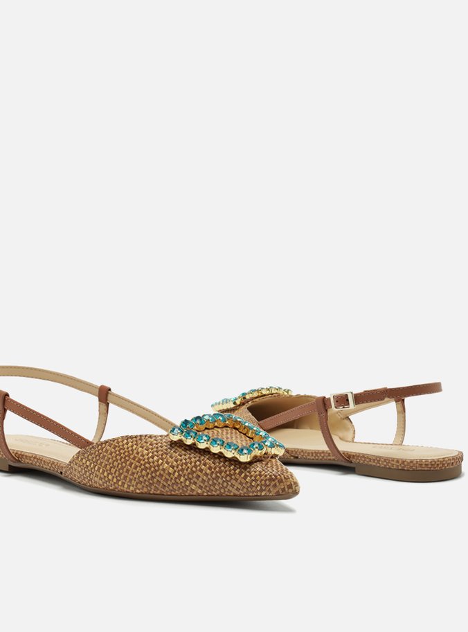Sapatilha Marrom Tramada Bico Fino Slingback Pedraria
