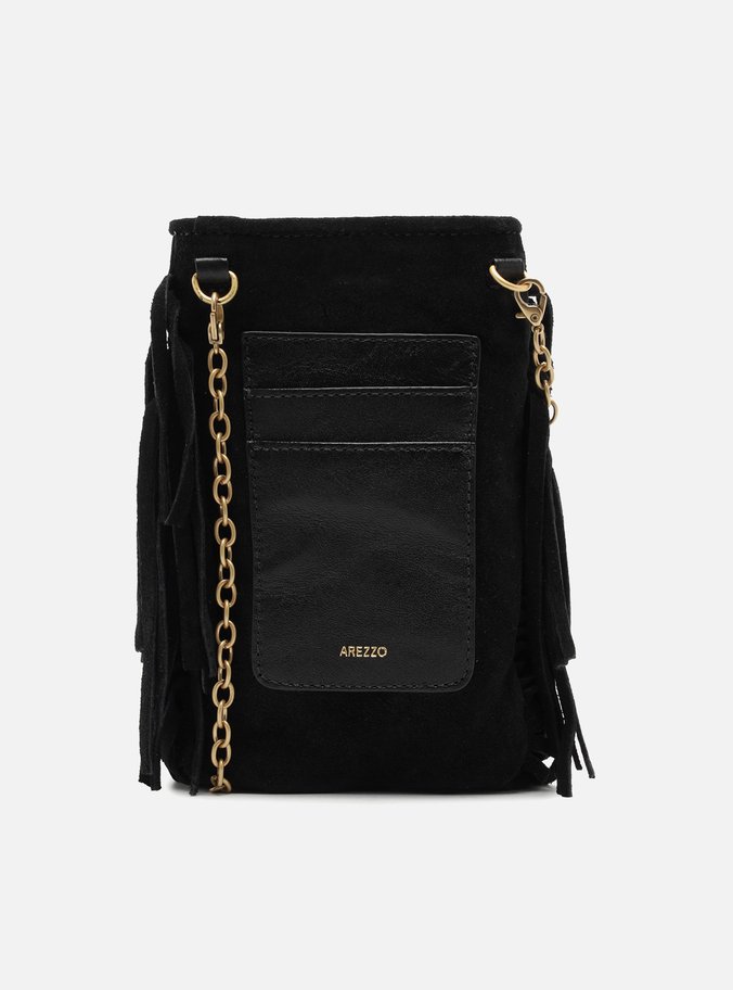 Mini Bag Preta Suede Franjas Porta-Celular