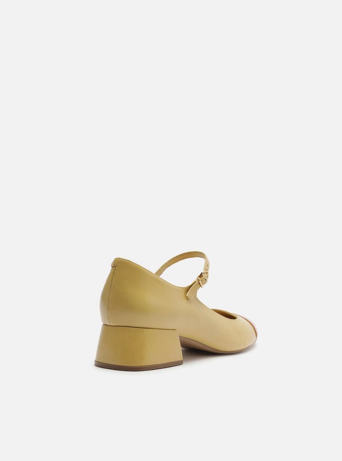 Sapato Boneca Amarelo Couro Salto Baixo Cap Toe